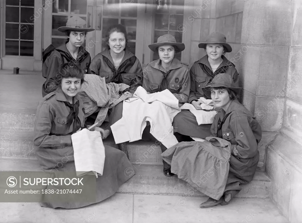Girls Scouts Sewing, Portrait, USA, circa 1918