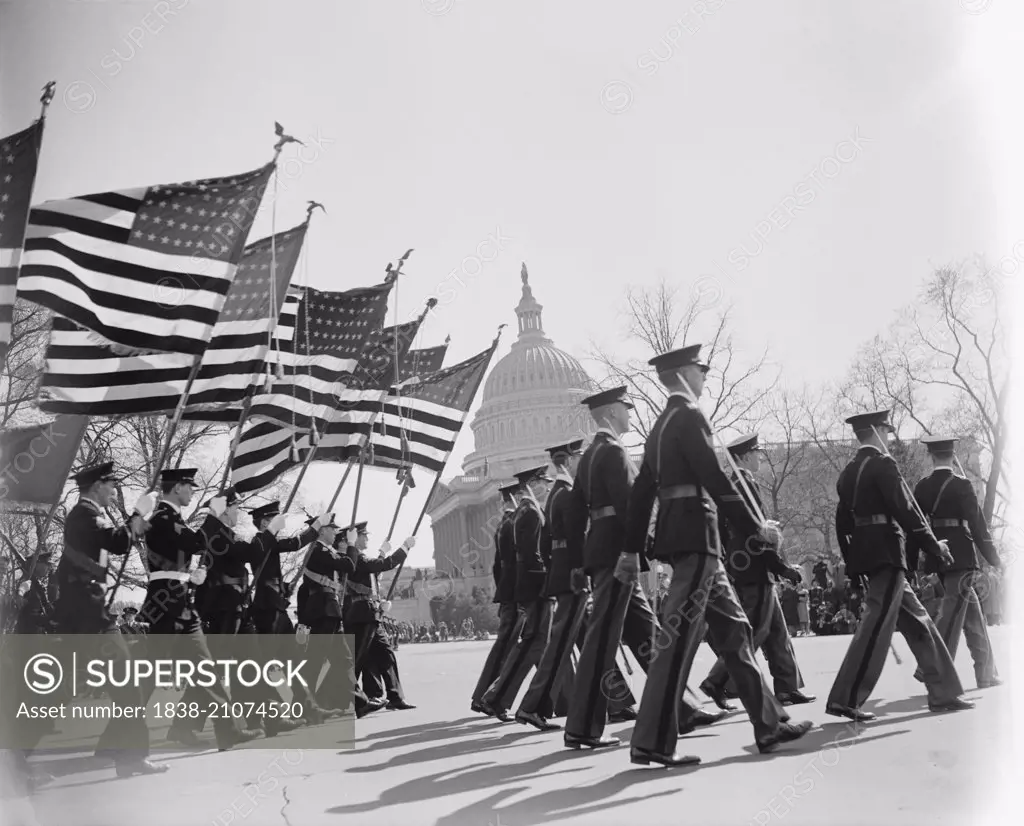 High School Cadets as They Pass U.S. Capitol Building in Army Day Parade, Washington DC, USA, April 1940