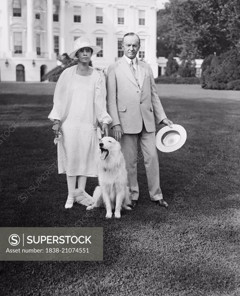U.S. President Coolidge and Mrs. Coolidge with dog Outside White House, Washington DC, USA, circa 1927