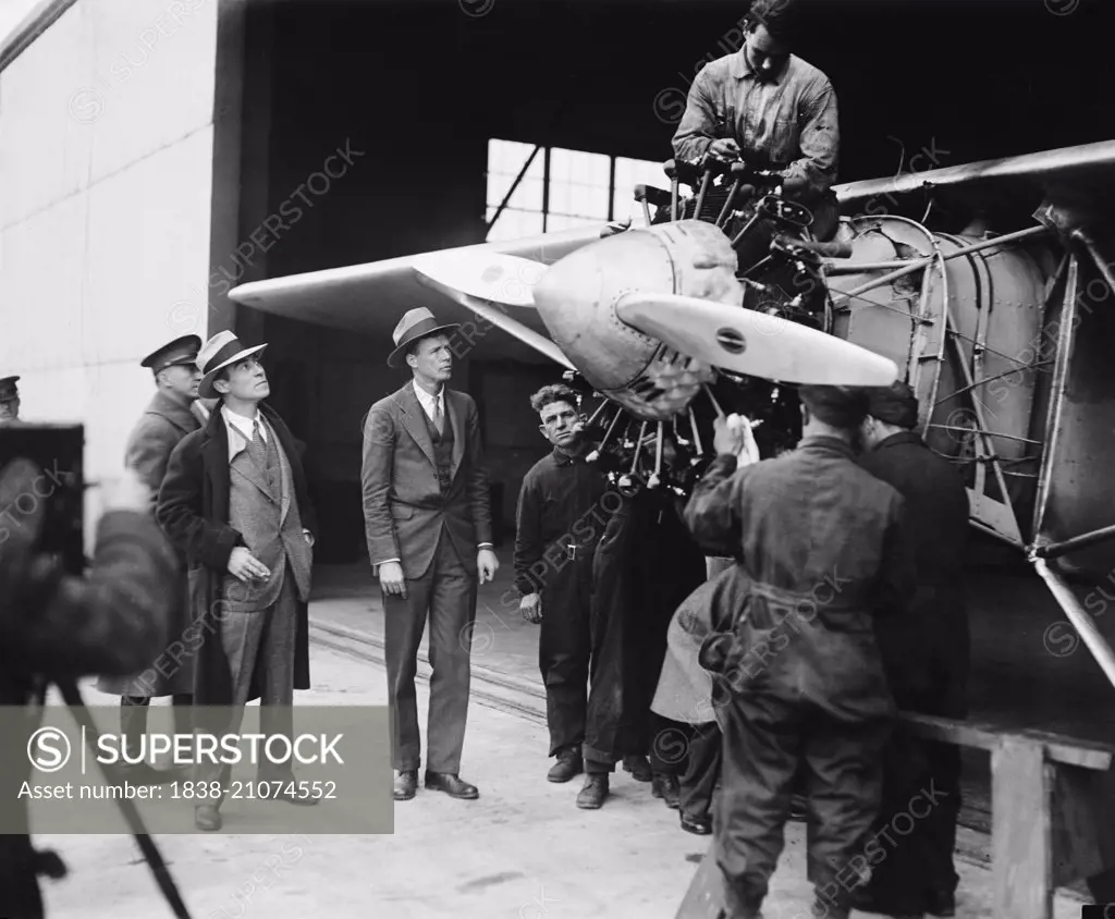 Charles Lindbergh and Group of Men with Airplane, Spirit of St. Louis, circa 1927