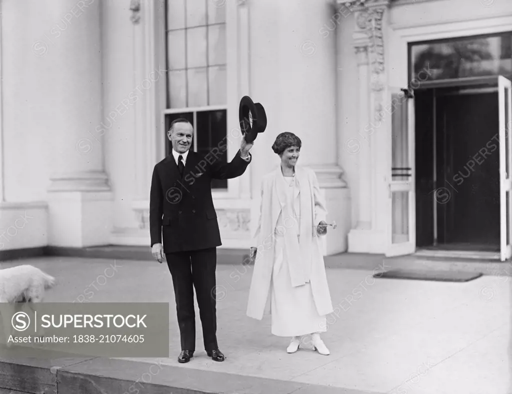 U.S. President Calvin Coolidge and First Lady Grace Coolidge Standing Outside White House, Washington DC, USA, circa 1924