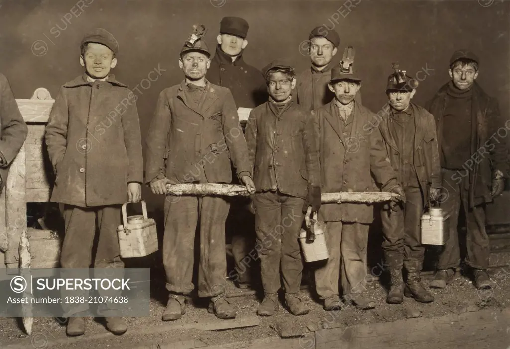 Portrait of a Group of Boys Just Up from the Coal Mine Shaft at the end of the Day, Pittston, Pennsylvania, USA, circa 1911
