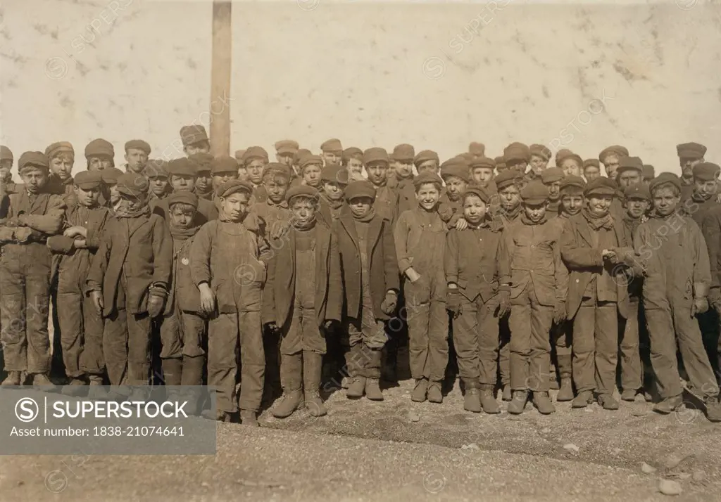 Portrait of a Large Group of Young Breaker Boys at Coal Mine, Pennsylvania Coal company, Pittston, Pennsylvania, USA, circa 1911