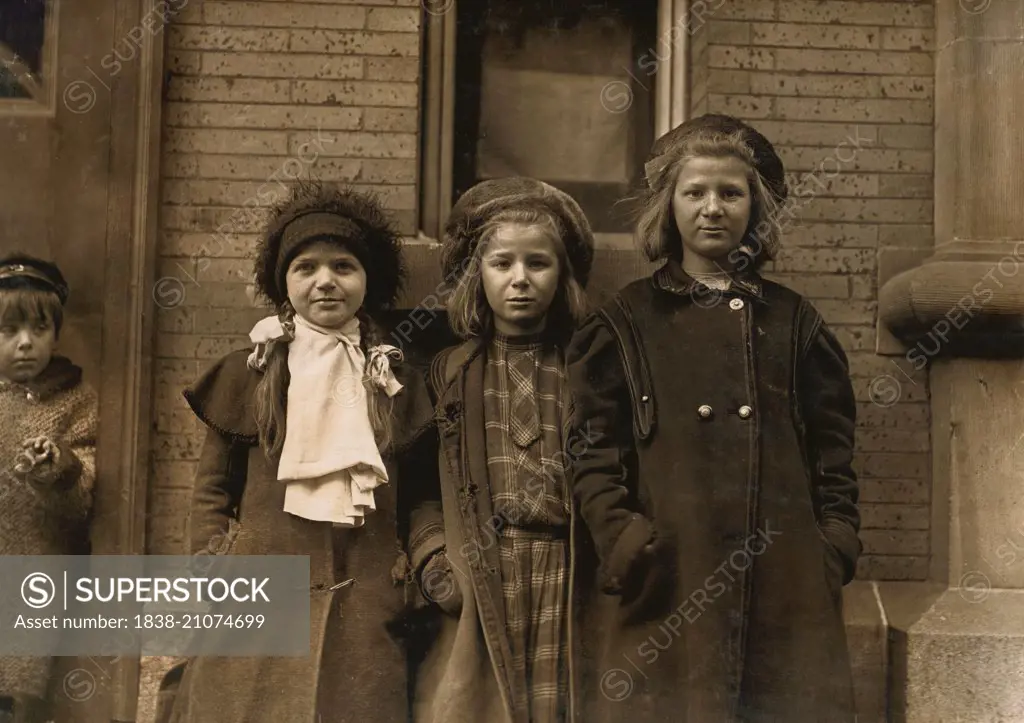 Portrait of Young Newsgirls Waiting for Paper Delivery, Hartford, Connecticut, USA, circa 1909