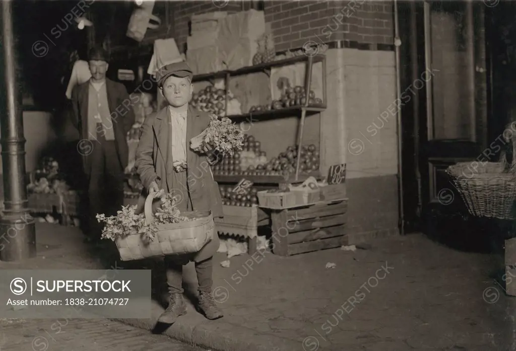 11-year-old Boy Selling Celery at 10:30pm, Shift ends at 11:00pm, Washington DC, USA, circa 1912