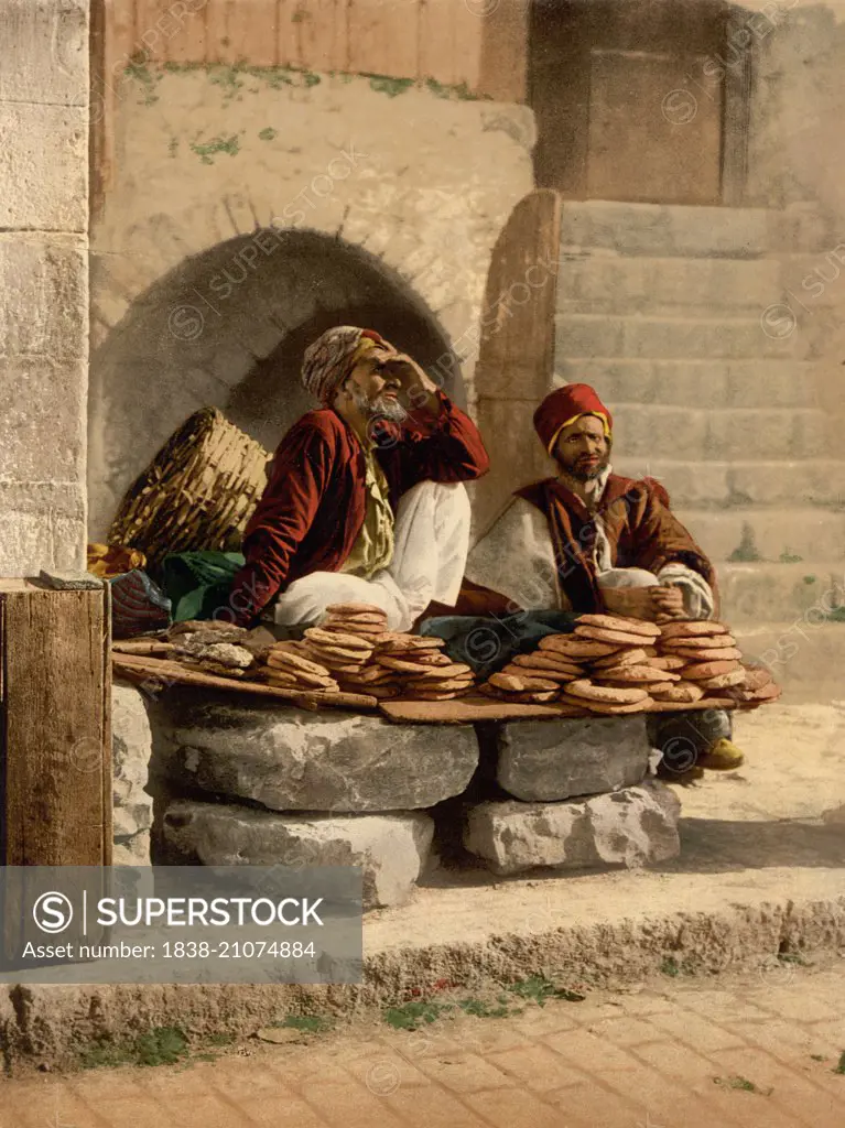 Bread Sellers, Jerusalem, Holy Land, Photochrome Print, circa 1900