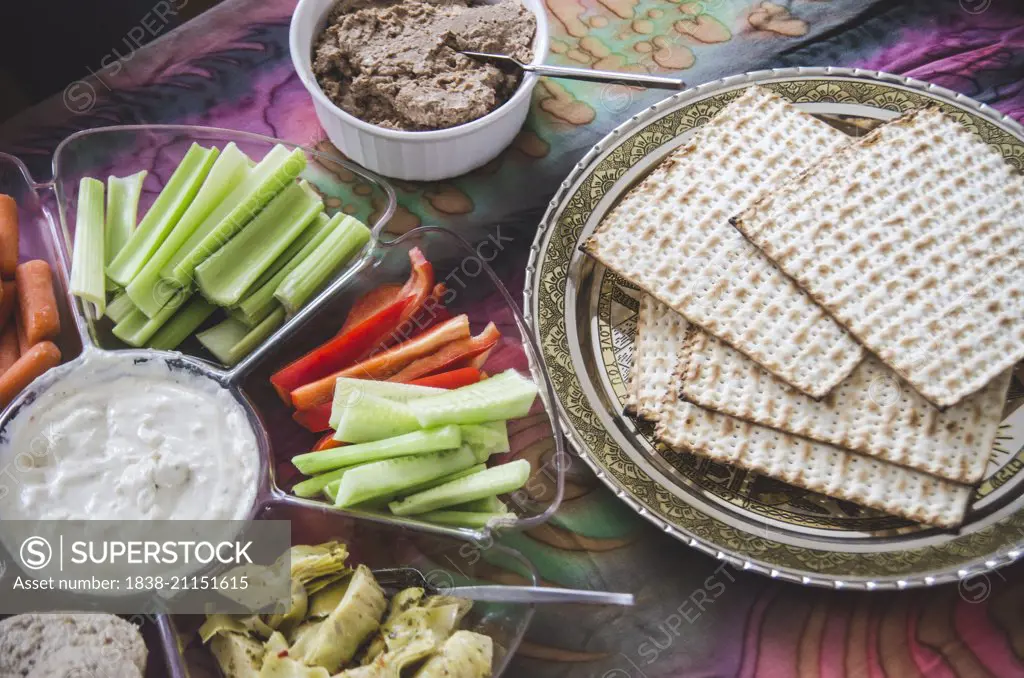 Vegetable Platter with Dip, Chopped Chicken Liver, and Matzo on Table Cloth