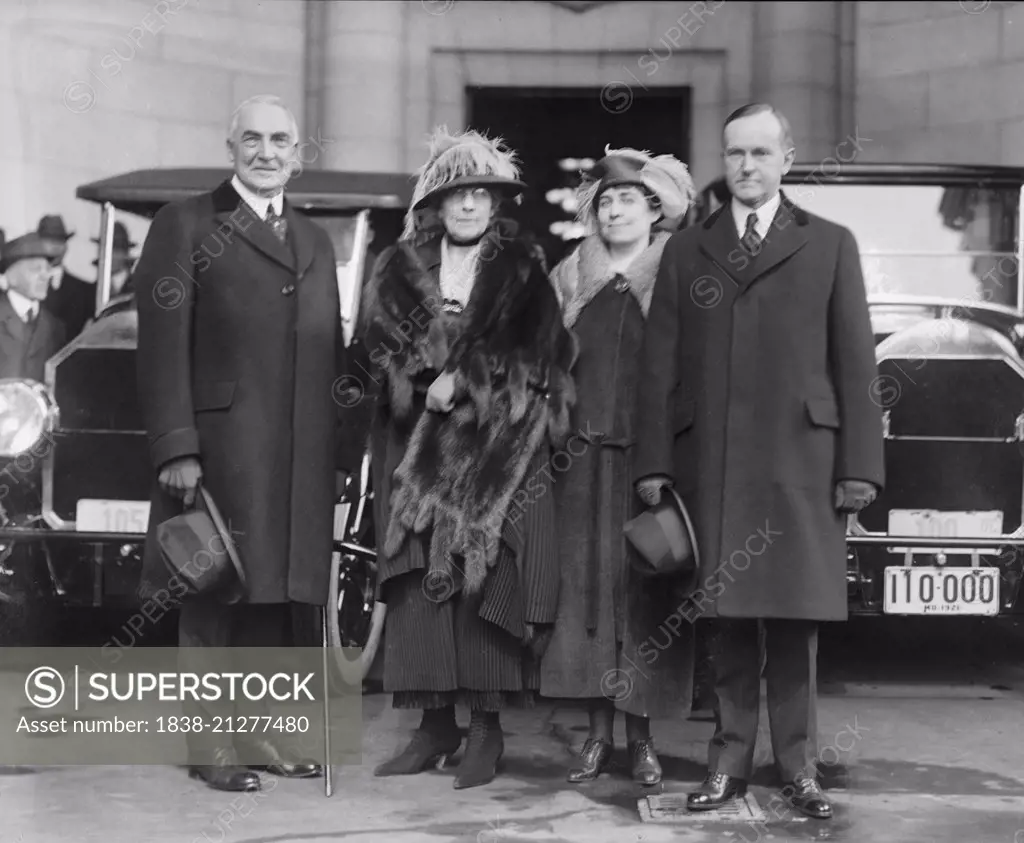 President-Elect Warren G. Harding, wife Florence Harding, Grace Coolidge, Vice President-Elect Calvin Coolidge, Portrait Arriving for Inauguration, Washington DC, USA, National Photo Company, March 3, 1921