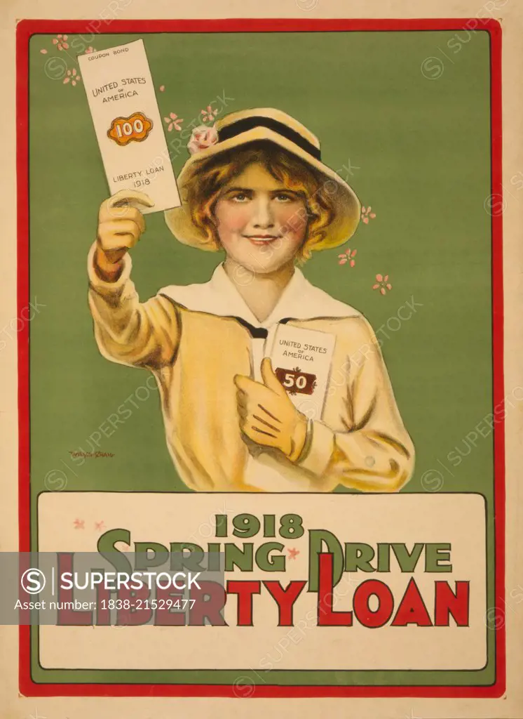 Girl Holding up Liberty Loan Bond, "1918 Spring Drive Liberty Loan", World War I Poster, USA, 1917