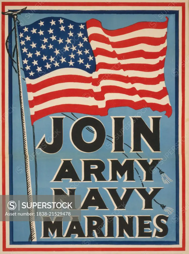 American Flag, "Join Army, Navy, Marines", World War I Recruitment Poster, USA, 1917