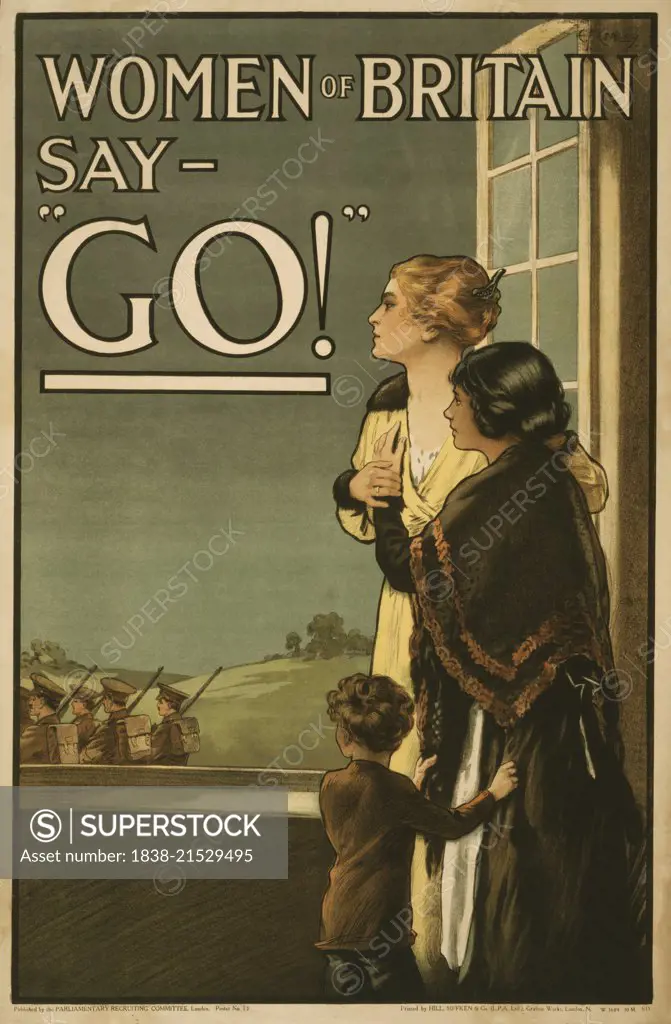 Two Women and Child looking out Window as Soldiers March Away, "Women of Britain say Go!",  World War I Recruitment Poster, United Kingdom, 1915