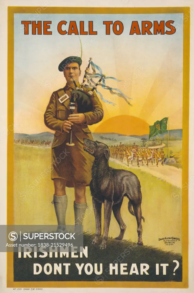 Soldier Playing Bagpipes, "The Call to Arms, Irishmen Don't you Hear it", World War I Recruitment Poster, United Kingdom, 1915