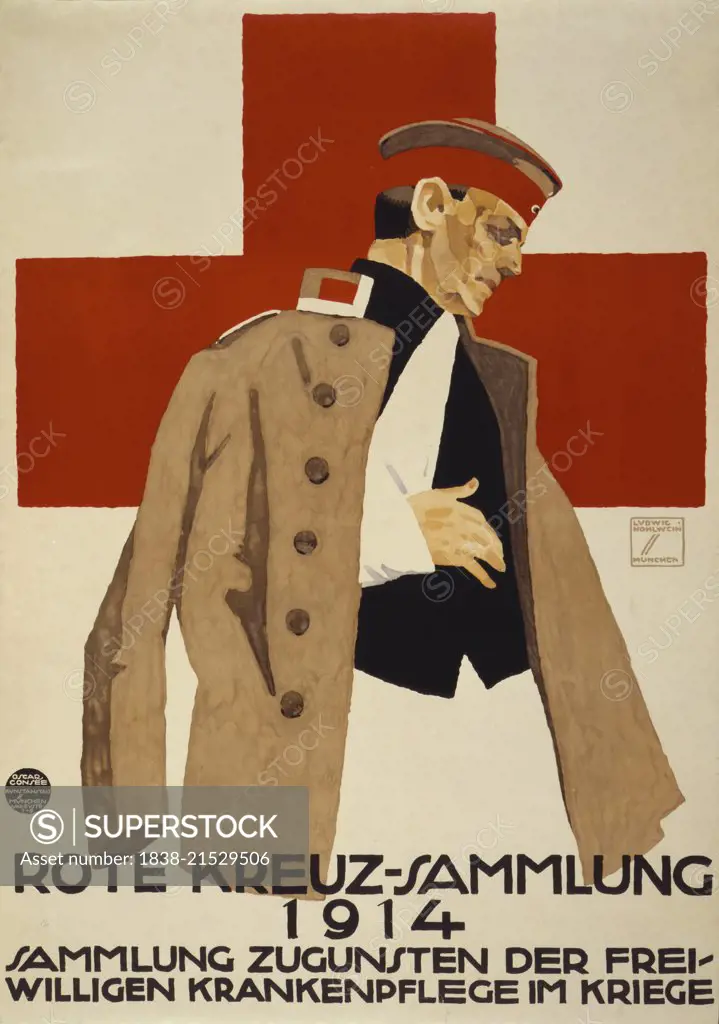 Wounded German Soldier against Large Red Cross, World War I Red Cross Poster, Germany, 1914