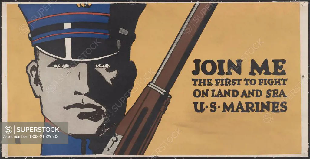 Close-Up Portrait of Marine with Rifle, "Join Me, the First to Fight on Land and Sea, U.S. Marines", World War I Recruitment Poster, by Artist John A. Coughlin, 1917