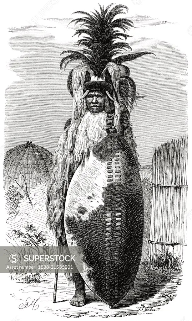 Zulu Chieftain in War Regalia, Africa, Illustration, 1885
