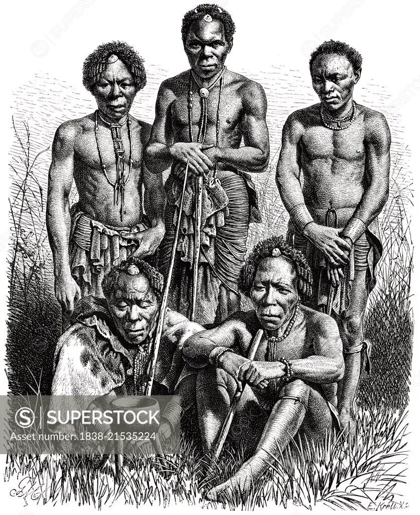 Group of Men of Herero Tribe, Southern Africa, Illustration, 1885