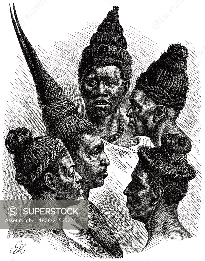 Hair fashions of the Maschukulumbe, Southern Africa, Illustration, 1885