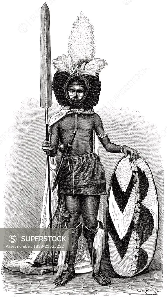 Massai Warrior in Full Regalia, Africa, Illustration, 1885