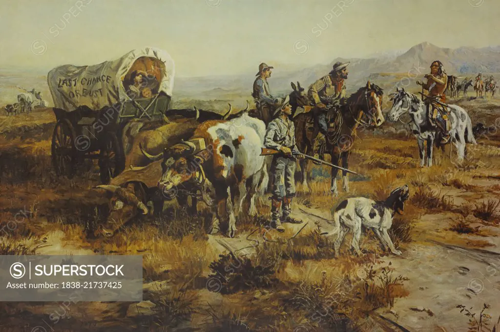 Last Chance or Bust, Wagon Train Confronted by Native Americans, Western  Frontier, 1870 - SuperStock