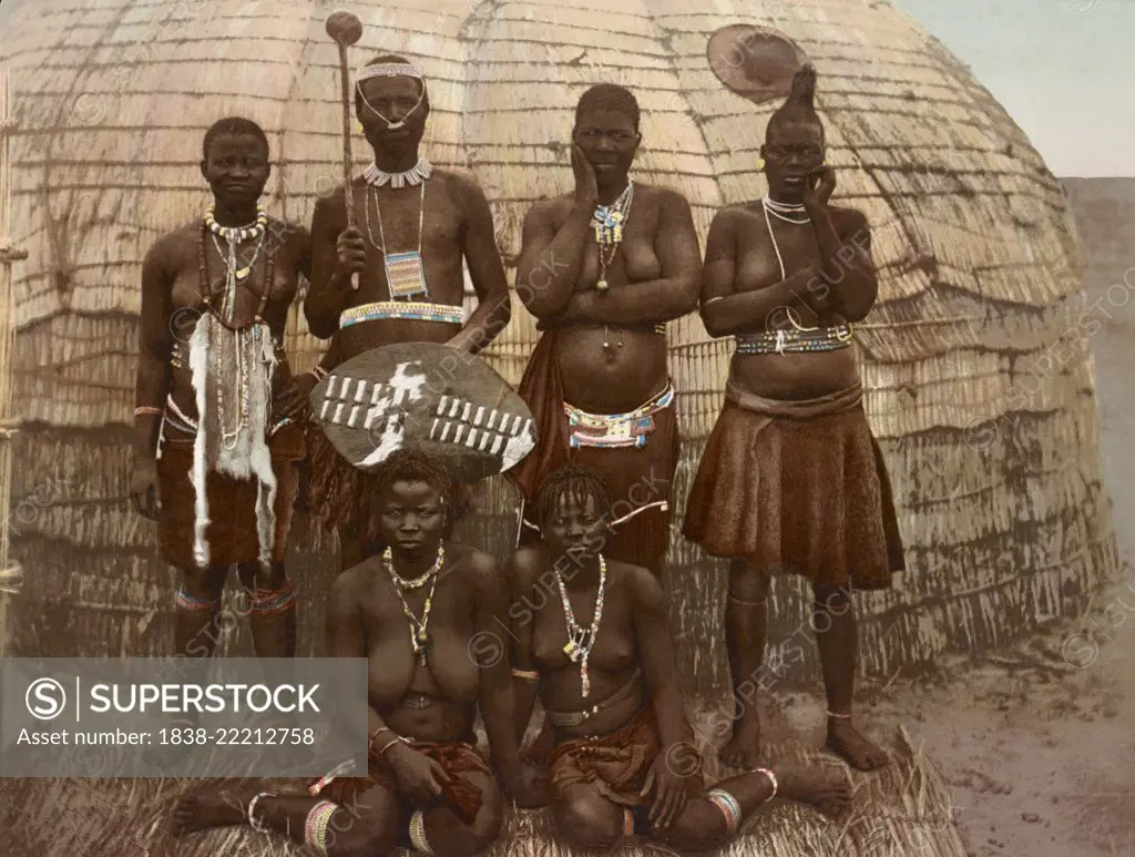A Zulu and his Wives, South Africa, Photochrome Print, George Washington Wilson, 1890's