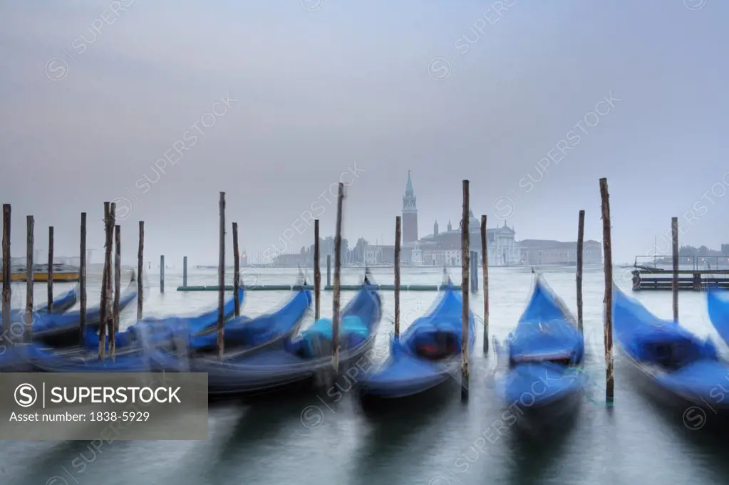 View of Gondolas from Piazza San Marco, with San Giorgio Maggiore in the background, Venice, Venezia, Italy