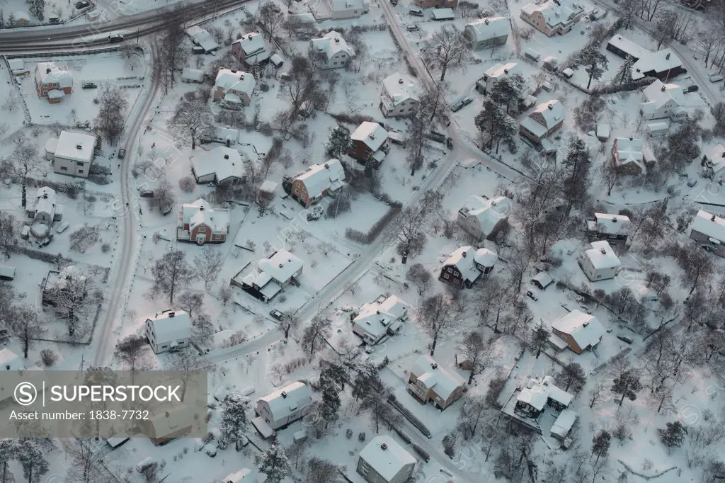 Aerial View Of Snow Covered Homes