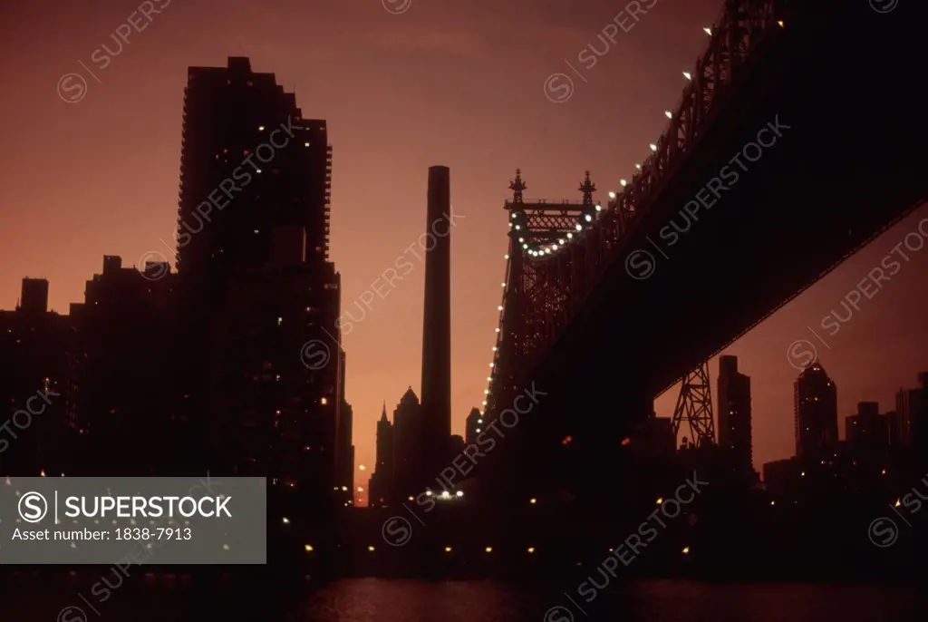 Queensborough Bridge and Manhattan Skyline at Night, New York City, USA