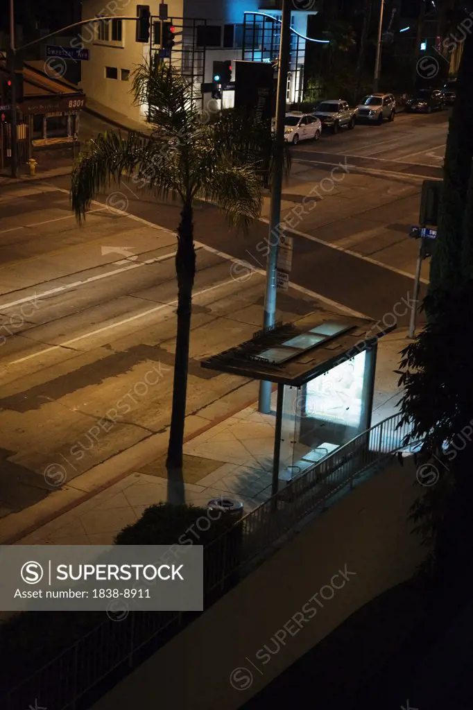 Bus Stop at Night, High Angle View, Los Angeles, California, USA