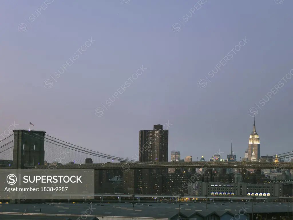 Brooklyn Bridge and Empire State Building at Dusk, New York City, USA