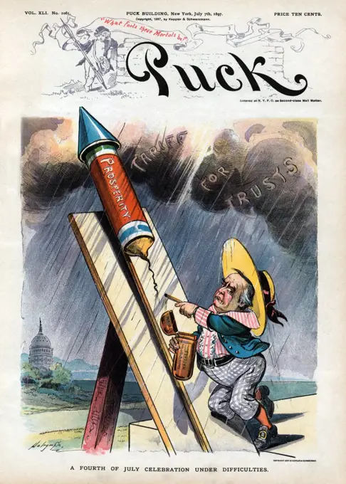 "A Fourth of July Celebration under Difficulties", Political Cartoon featuring U.S. President William McKinley, as a Young Boy, Attempting to Light Fuse to Fireworks Rocket labeled "Prosperity" using "McKinley Administration Matches" during Rainstorm bene