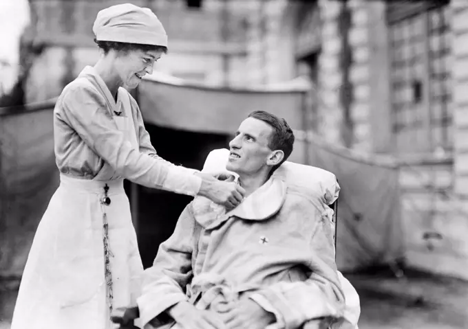 Wounded American Soldier with American Red Cross Nurse, American Military Hospital No. 1, Paris, France, Lewis Wickes Hine, American National Red Cross Photograph Collection, August 1918