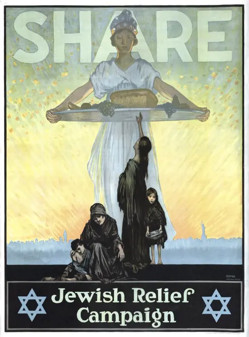 War Poster, "Share--Jewish Relief Campaign", Burke, Johnstone Studios, Lithograph, Sackett & Wilhelms Corporation, Brooklyn, N.Y., USA, 1917
