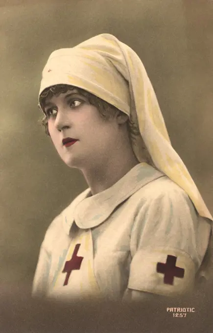 Red Cross Nurse during World War I, Head and Shoulders Portrait, Postcard, France, 1915