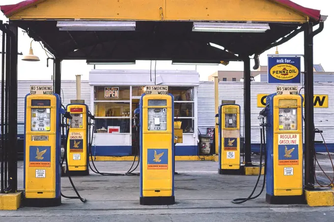 Five Golden Eagle Gas Pumps, San Diego, California, USA, John Margolies Roadside America Photograph Archive, 1977