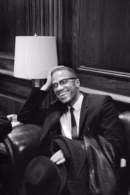 Malcolm X waiting at Martin Luther King Press Conference, Head and Shoulders Portrait, Marion S. Trikosko, March 26, 1964