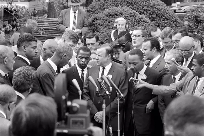 Whitney Young, Roy Wilkins, John Lewis, Martin Luther King, Jr., and other with Press after meeting with U.S. President John Kennedy after March on Washington for Jobs and Freedom, Washington, DC, USA, Warren K. Leffler, U.S. News & World Report Magazine Photograph Collection, August 28, 1963