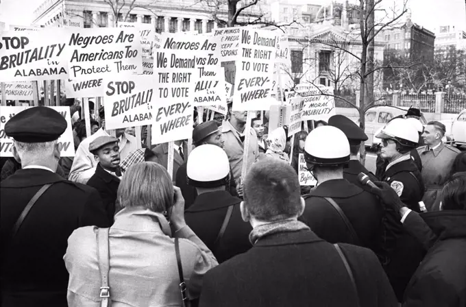African American Demonstrators outside White House, with signs "We demand the right to vote, everywhere" and Signs Protesting Police Brutality against Civil Rights Demonstrators in Selma, Alabama, Washington, D.C., USA, Warren K. Leffler, US News & World Report Magazine Collection, March 12, 1965