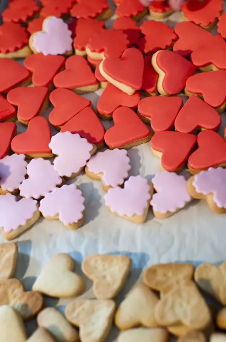 Heart-Shaped Cookies on Baking Sheet, High Angle View