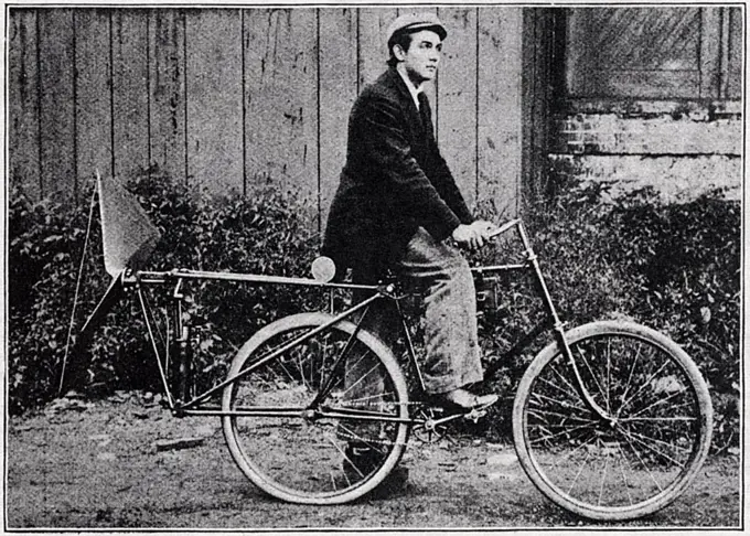 Man on Fan-Motor Bicycle, Racine, Wisconsin, USA, circa 1896