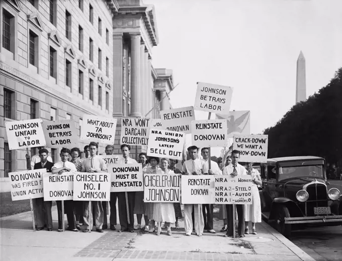 Protestors with Signs against Hugh S. Johnson, Head of National Recovery Administration (NRA), for his Firing of NRA Union President John Donovan, Washington DC, USA, June 1934