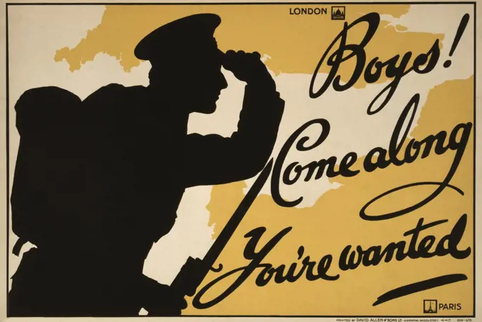 Silhouette of Soldier Looking at Map of United Kingdom and France, "Boys! Come Along, You're Invited", World War I Recruitment Poster, Parliamentary Recruiting Committee, United Kingdom, 1915