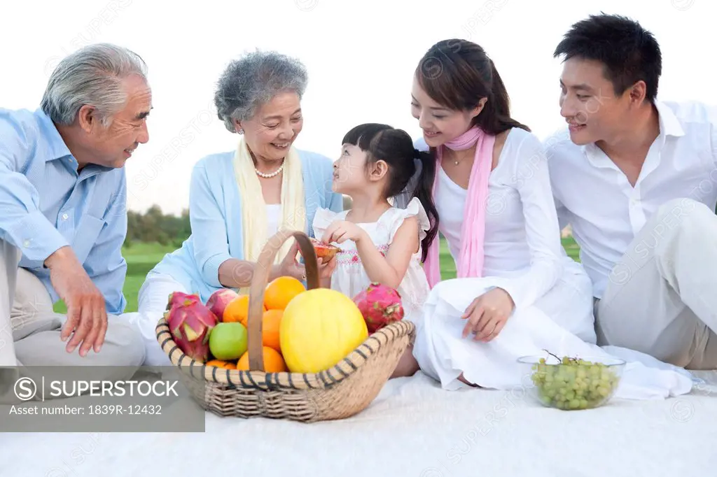 A family gathered around for a picnic