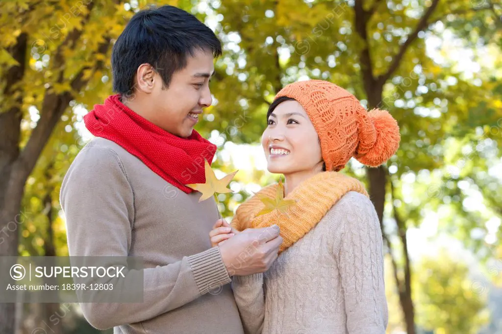 Young Couple in a Park in Autumn Holding Golden Maple Leaves