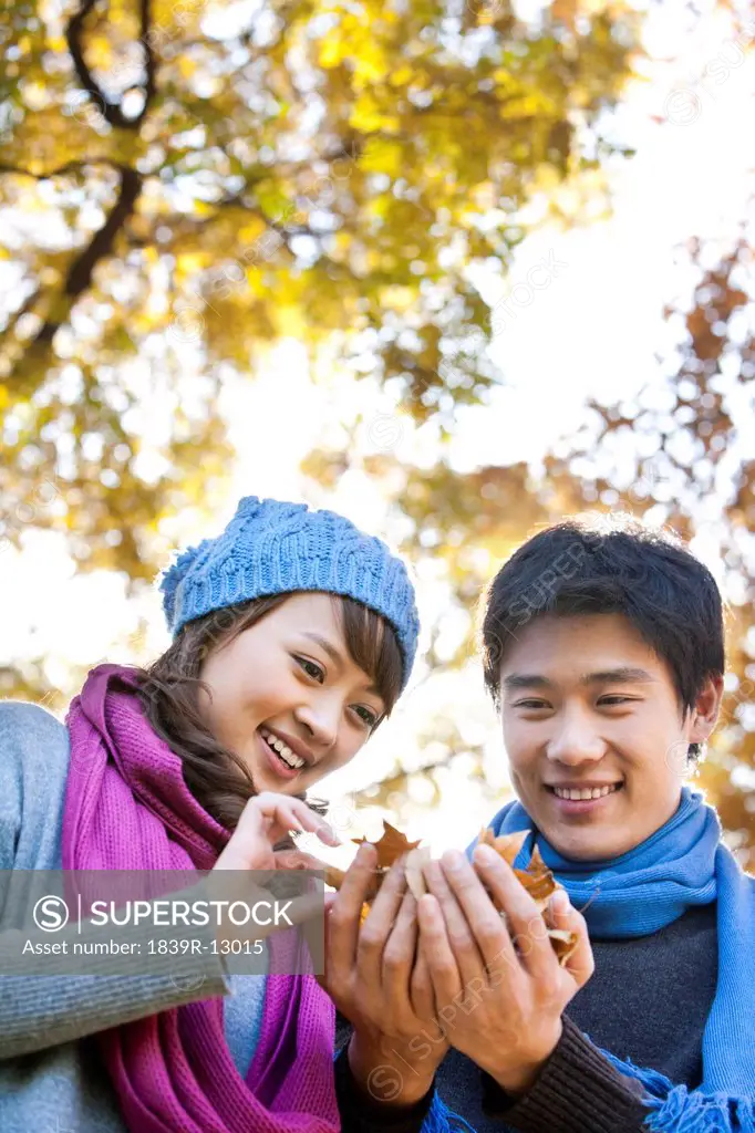 Young Couple in the Park Looking at a Maple Leaves