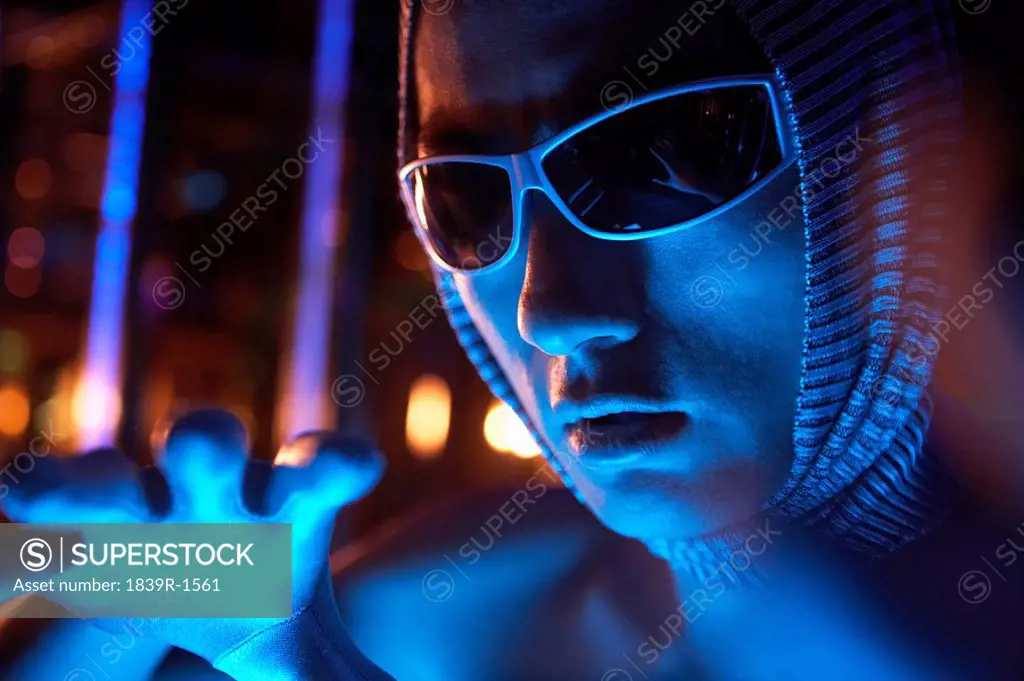 Close_Up Of Futuristic Looking Man Wearing Sunglasses