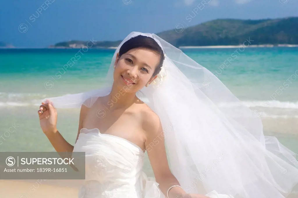 Bride in a veil on the beach