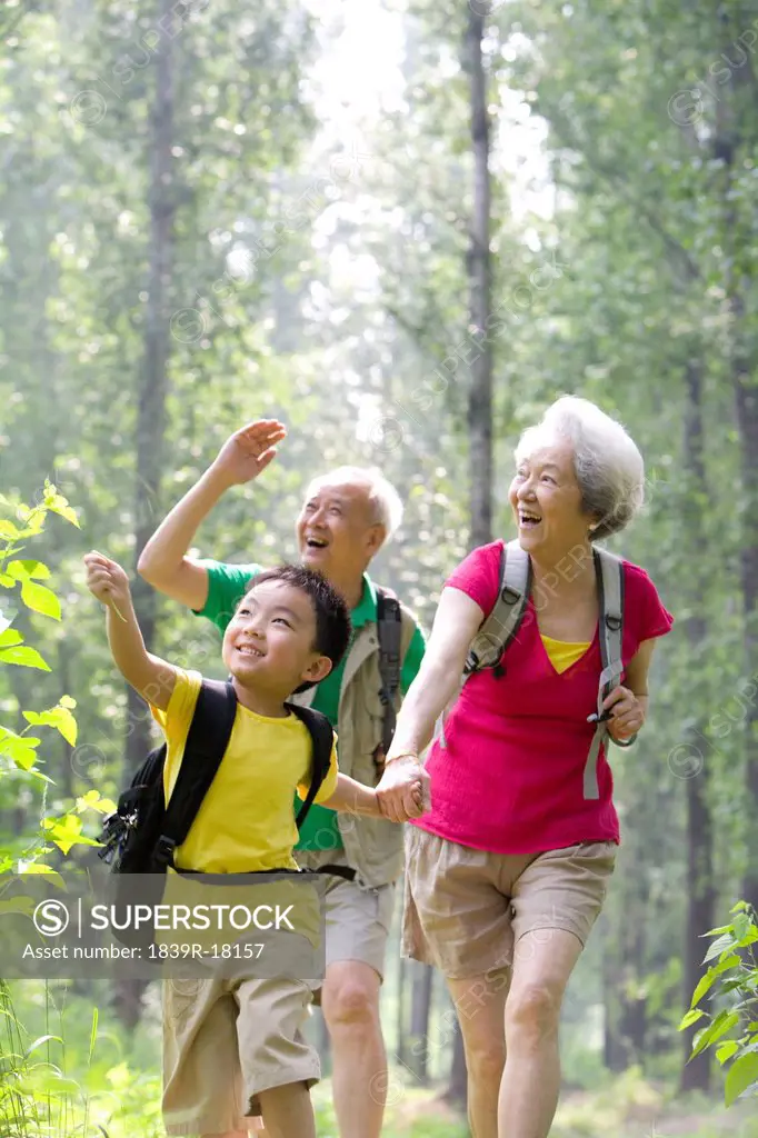 Little boy with his grandparents hiking