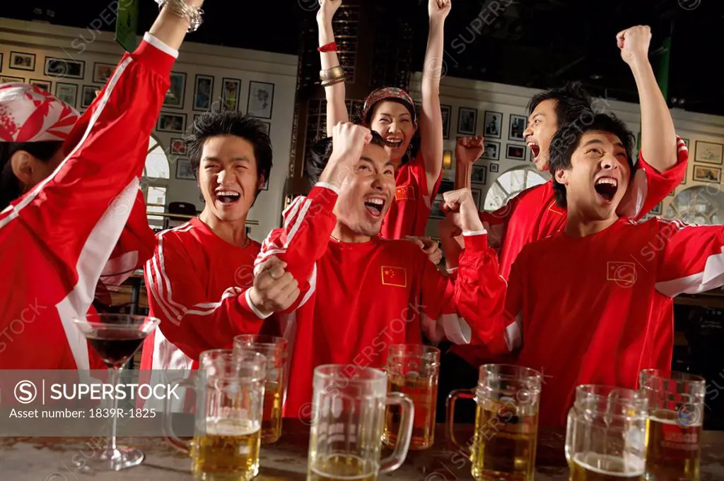 Sport Enthusiasts Celebrating Win In Bar