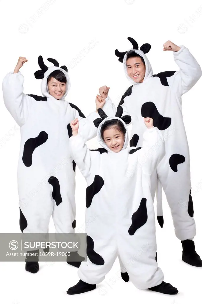 Family in cow costumes flexing their muscles