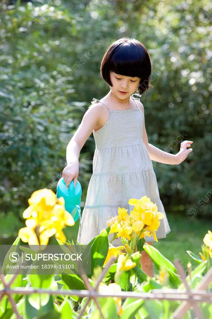 Little girl watering in garden